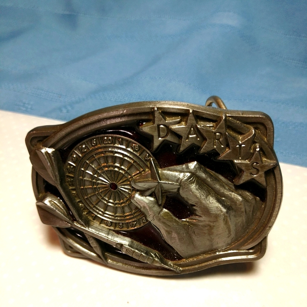 Dart Player Belt Buckle 1990 Pewter with Red Enamel Made In USA Numbered